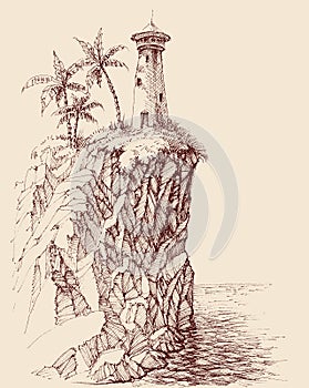 Lighthouse on rocky sea shore hand drawing