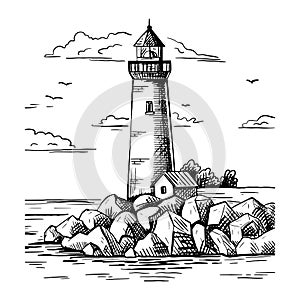 A lighthouse on a rocky shore. Hand drawn sketch. Vintage style. Black and white vector illustration isolated on white background