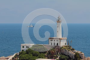 Lighthouse on rocky shore and sea. Ibiza, Spain