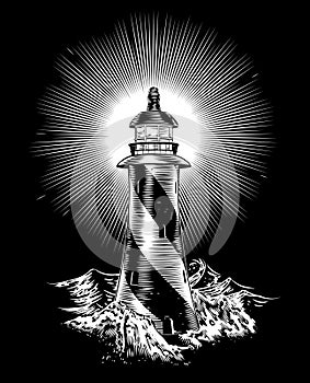 Lighthouse rough waves and rocks