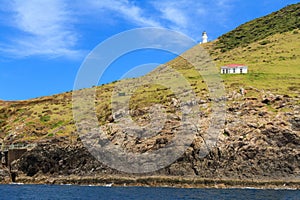 Lighthouse and sea cliffs from the ocean. Cape Brett, NZ