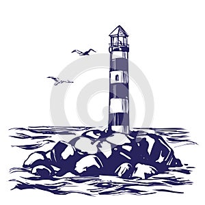 Lighthouse and sea landscape hand drawn vector illustration sketch