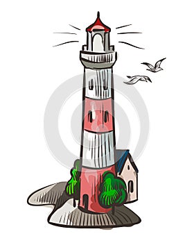 Lighthouse. Sea light white watercolor symbol beacon with lighted night beam isolated vector illustration