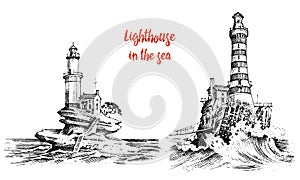 Lighthouse and sea. Marine sketch, nautical journey and seascape. Lighting in the ocean. engraved vintage, hand drawn