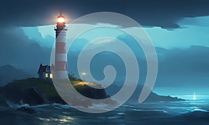Lighthouse on the sea at night. 3d render illustration.