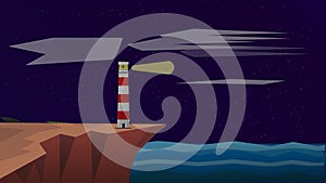 Lighthouse on the Sea at Night.Vector Illustration. Lighthouse Background.