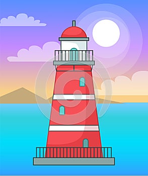 Lighthouse in sea or ocean, navigation building for ships, cartoon red lighthouse, beacon s tower