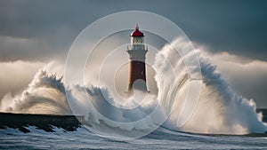 lighthouse in the sea Roker Lighthouse at Sunderland being hit by a large wave