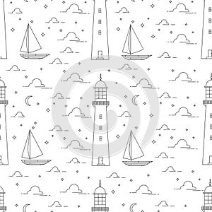 Lighthouse, sea, sailboat, moonlight night illustration.