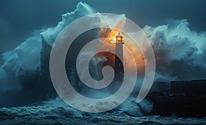 Lighthouse on the sea under heavy storm. Lighthouse hit by huge wave