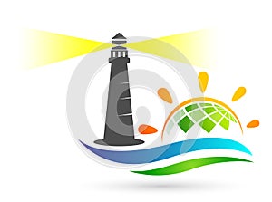Lighthouse sea wave water people union globe world  logo illustrations vector icon clip art