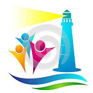 Lighthouse sea wave water people union logo illustrations vector icon clip art