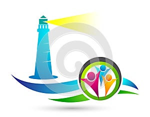 Lighthouse sea wave water people union logo illustrations vector icon clip art