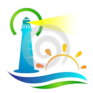 Lighthouse sea wave water sun logo illustrations vector icon clip art