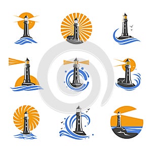 Lighthouse among sea waves vector icons