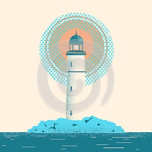 Lighthouse seascape horizon illustration.