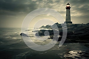 lighthouse seascape in mystic fog