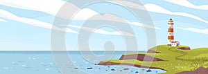 Lighthouse on seashore flat vector illustration. Island pharos, light house, seascape, signal building on seaside