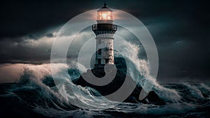 lighthouse shines brightly in the dark in a raging sea, a storm, generative ai