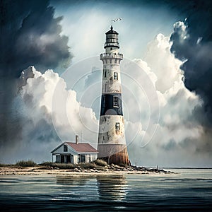 lighthouse shines brightly in the dark in a raging sea, a storm, generative ai