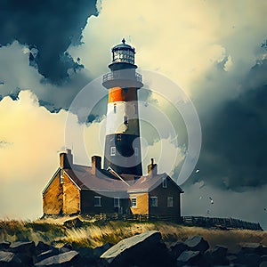 lighthouse shines brightly in the dark in a raging sea, a storm, generative ai