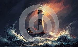 lighthouse shines brightly in the dark in a raging sea, a storm, , painted oil style, generative ai