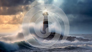 Lighthouse shining light in the stormy ocean with moody sky