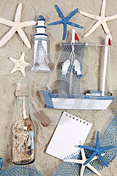 Lighthouse, ship, bottle and sea stars