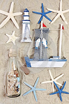 Lighthouse, ship, bottle and sea stars