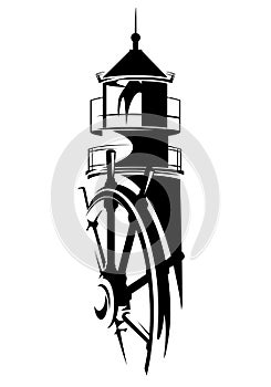 Lighthouse and ship helm black and white vector design