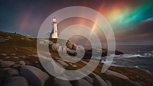 lighthouse on the shore of the sea detailed photograph o Peggy`s Cove Lighthouse inside a arura borealis northern lights photo