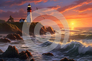 lighthouse at the shore, sunset, ai generated