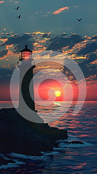 Lighthouse silhouette against sunset sky