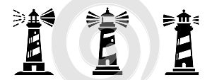 Lighthouse silhouette icons set logo black beacon light ocean sea light house nautical marine silhouettes vector