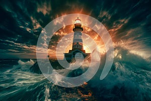 Lighthouse Silhouetted against Stormy Sea and Waves ai