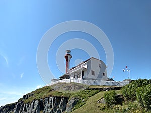 A lighthouse situated high on a bluff in Nova Scotia