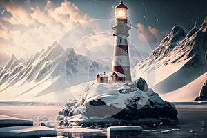 Lighthouse and snowy mountains in winter landscape