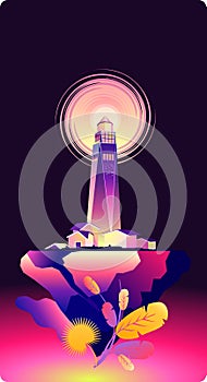 Lighthouse soars on a rock in the dark