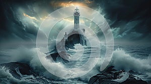 A lighthouse stands tall and proud in the middle of a raging storm. The waves crash against the rocks, but the lighthouse remains