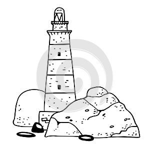 Lighthouse and stones. Hand drawn vector illustration. Black on white background