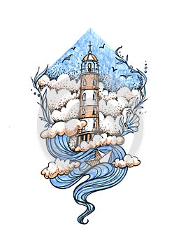 Lighthouse in the storm illustration, hand drawn ink engraving design. Nautical theme illustration concept.