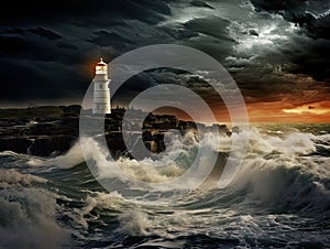 Lighthouse in Storm, Stormy Ocean Landscape and Lighthouse