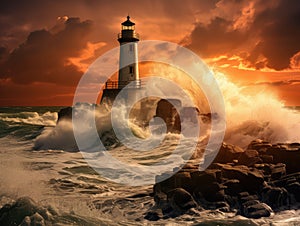 Lighthouse in Storm, Stormy Ocean Landscape and Lighthouse