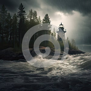 Lighthouse in Storm, Stormy Ocean Landscape and Lighthouse