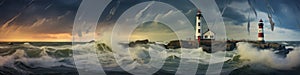 Lighthouse in Storm, Stormy Ocean Landscape and Lighthouse