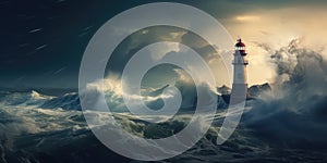 Lighthouse in Storm, Stormy Ocean Landscape and Lighthouse