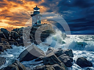 Lighthouse in Storm, Stormy Ocean Landscape and Lighthouse