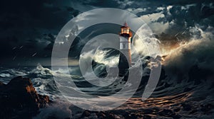 Lighthouse in a storm with thunder, lightning and big waves