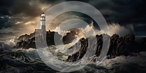 Lighthouse In Stormy Landscape - Leader And Vision Concept