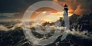 Lighthouse In Stormy Landscape - Leader And Vision Concept